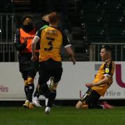 Lewis Collins of Newport County celebrates after scoring the second goal against Forest Green