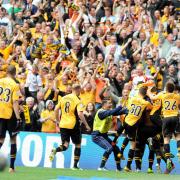 JOY: County celebrate in front of their fans in the 2013 Wembley win against Wrexham