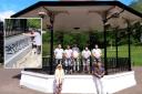 The bandstand at Pontypool Park, and inset Dean Groves and his team painting over graffiti. Inset picture: Gaynor James