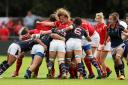 Wales' Lleucu Geogre (centre) during the 2017 Women's Rugby World Cup, Pool A match at UCD Bowl, Dublin. PRESS ASSOCIATION Photo. Picture date: Thursday August 17, 2017. See PA story RUGBYU Wales Women. Photo credit should read: Niall Carson/PA Wi