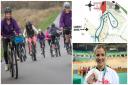 A stock image of cyclists (left) with the early designs for the Llanfoist cycling centre (top right) and Abergavenny's Becky James