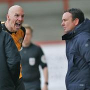 GONE: Derek Adams, pictured above on the receiving end of County striker Kevin Ellison's emotional outburst in March, is reportedly set to takeover at Bradford City after leaving Morecambe