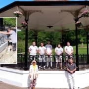 The bandstand at Pontypool Park, and inset Dean Groves and his team painting over graffiti. Inset picture: Gaynor James