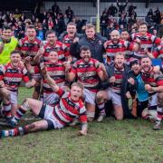 Pontypool RFC celebrate their win at Neath on February 18, 2023. Picture by NCR Photography