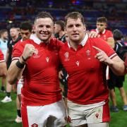 Elliot Dee and Ryan Elias of Wales at the Wales v Australia Rugby World Cup 2023 group stages clash. Picture: Huw Evans Picture Agency