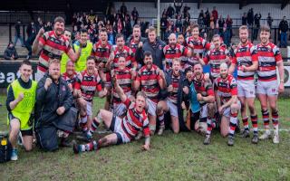 Pontypool RFC celebrate their win at Neath on February 18, 2023. Picture by NCR Photography
