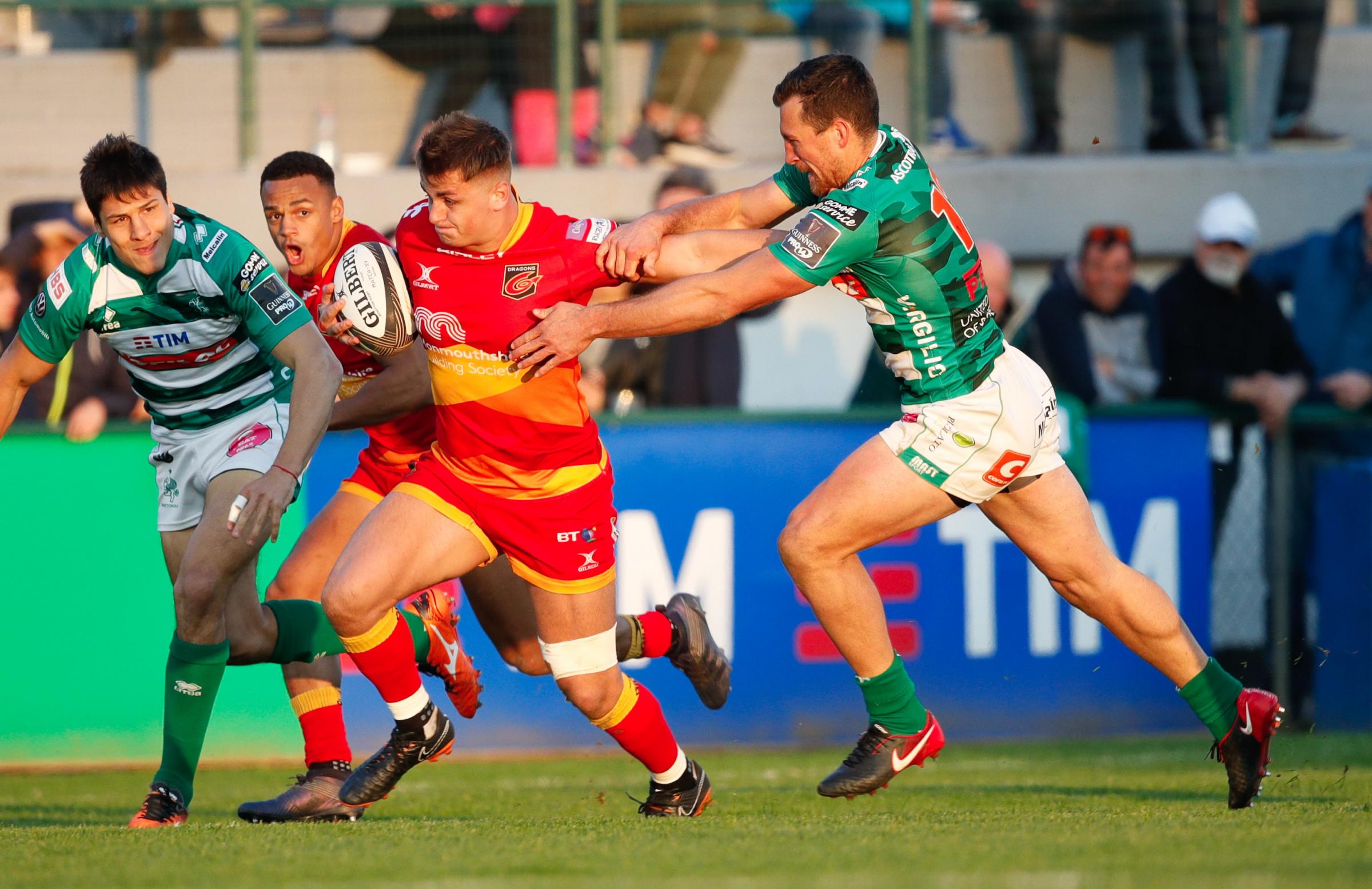 STRONG: Connor Edwards in action for the Dragons against Benetton in 2018
