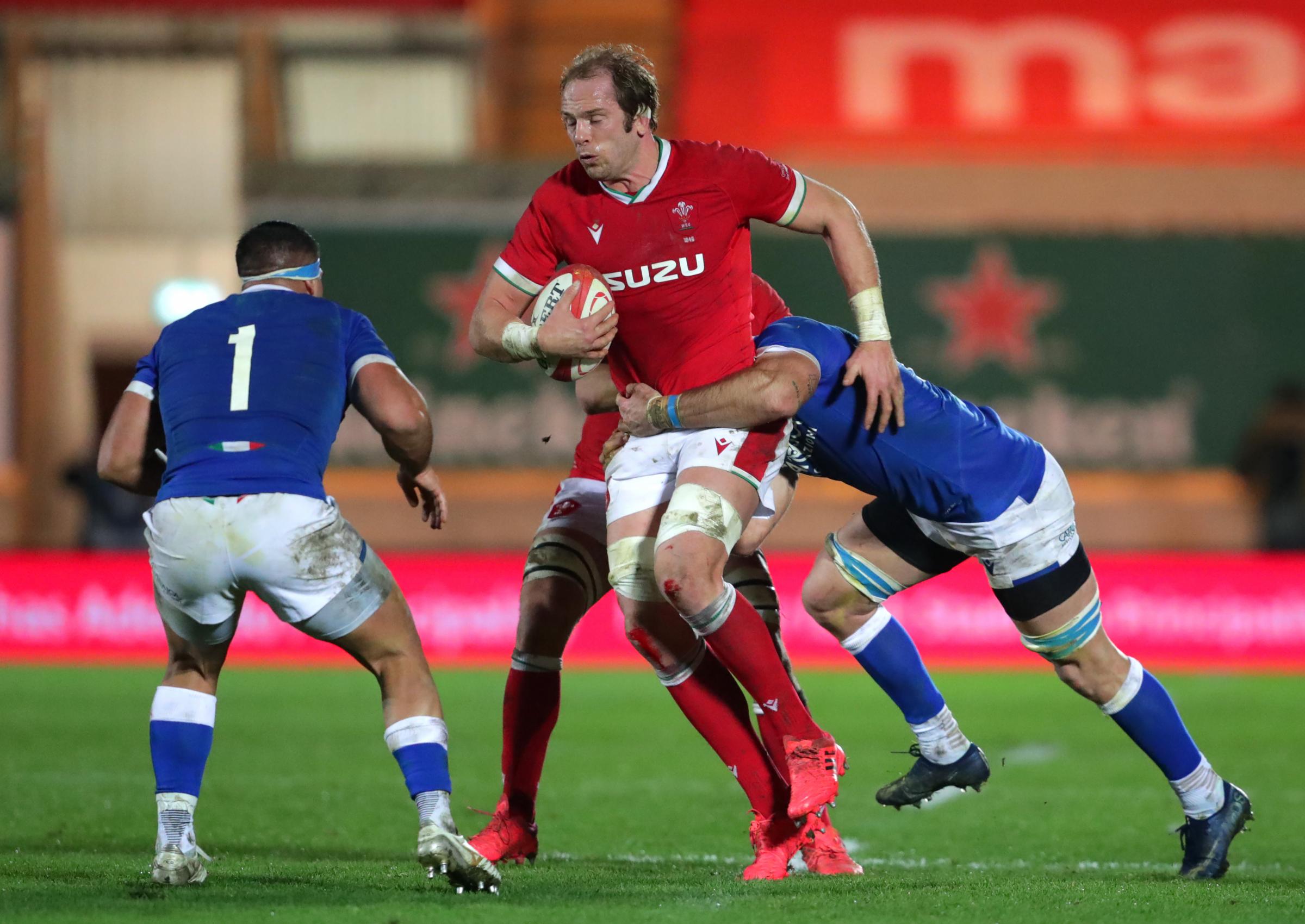 Wales Alun Wyn Jones tackled by Italys Braam Steyn during the Autumn Nations Cup match at Parc y Scarlets, Llanelli.