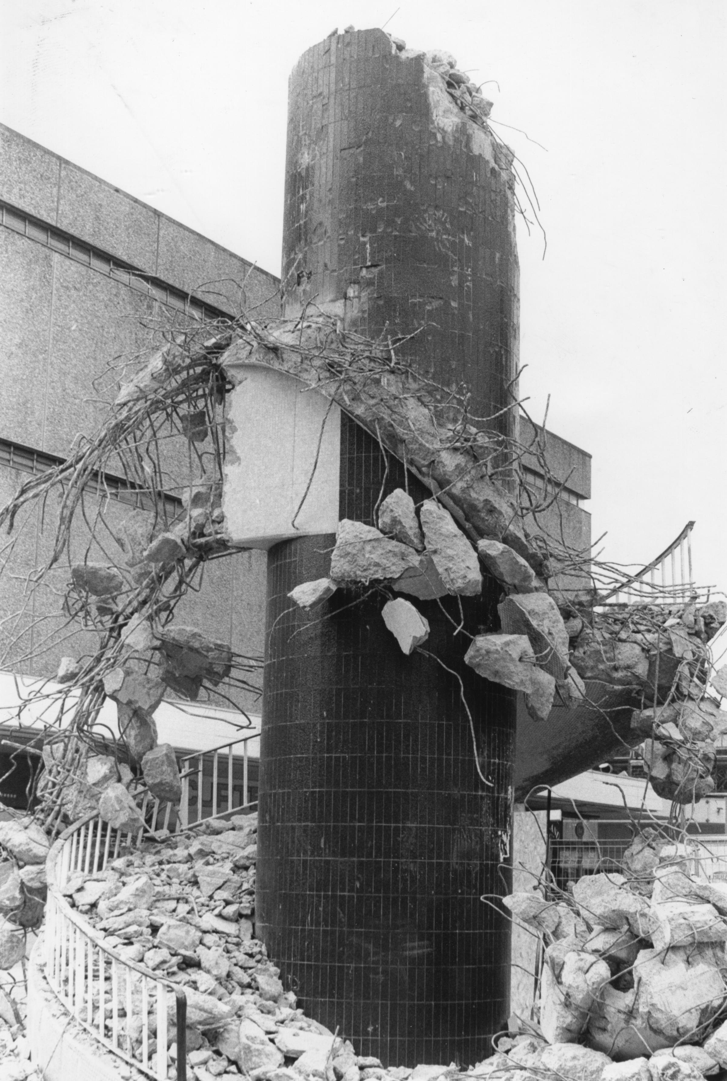 The chimney structure that once stood in Cwmbran town centre until 1992. It was originally designed to support a fire escape but the landmark had significant visual impact