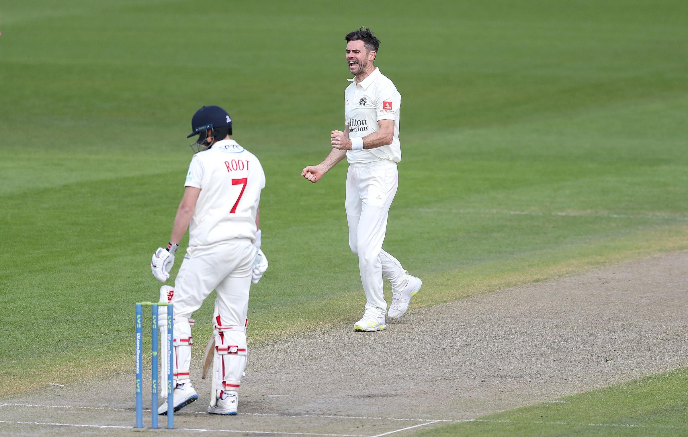 Lancashires James Anderson celebrates taking the wicket of Glamorgans Billy Root, during day two of the LV = Insurance County Championship match at the Emirates Old Trafford, Manchester. 
