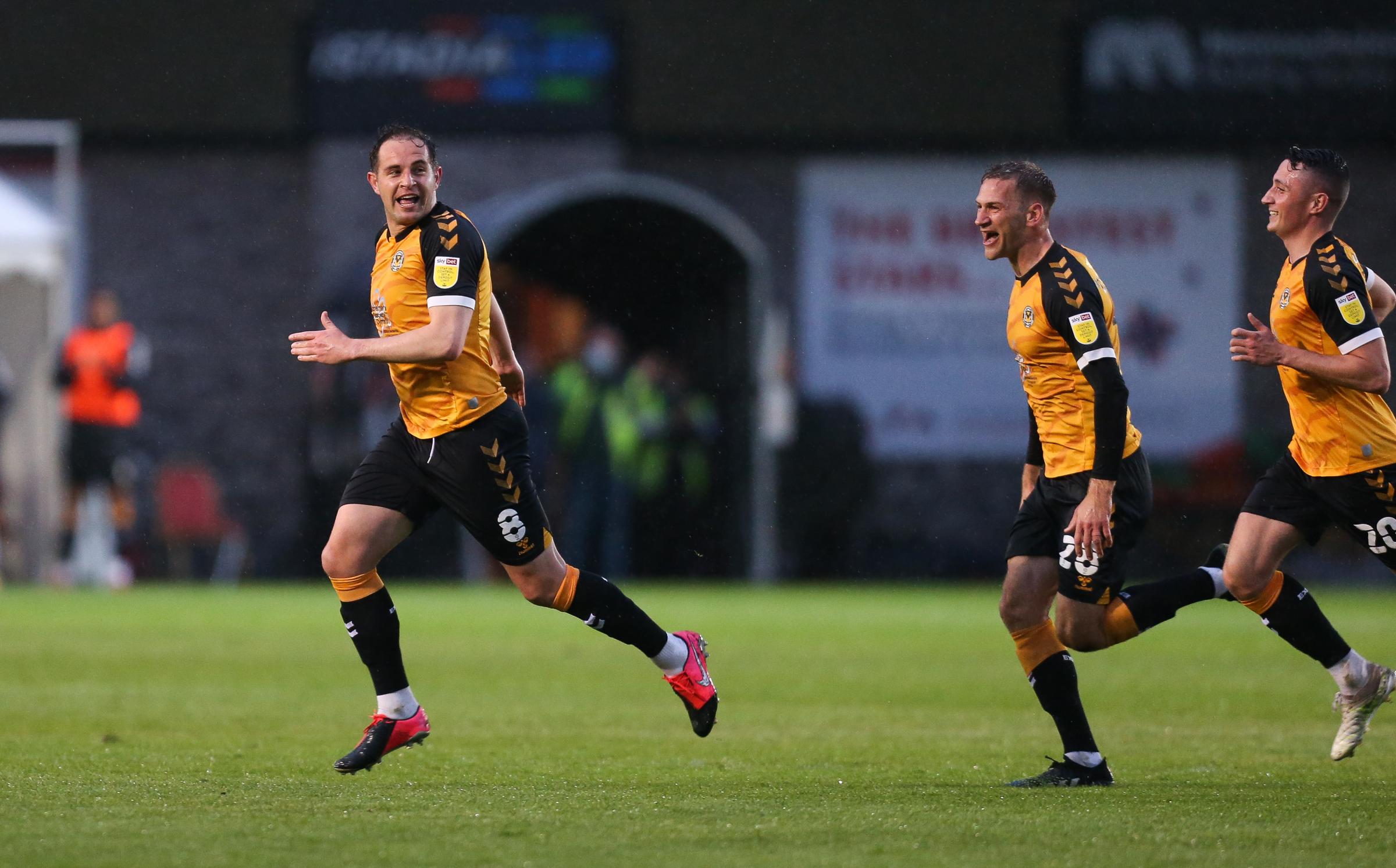 CELEBRATION: Newport Countys Matty Dolan after his thumping drive against Forest Green
