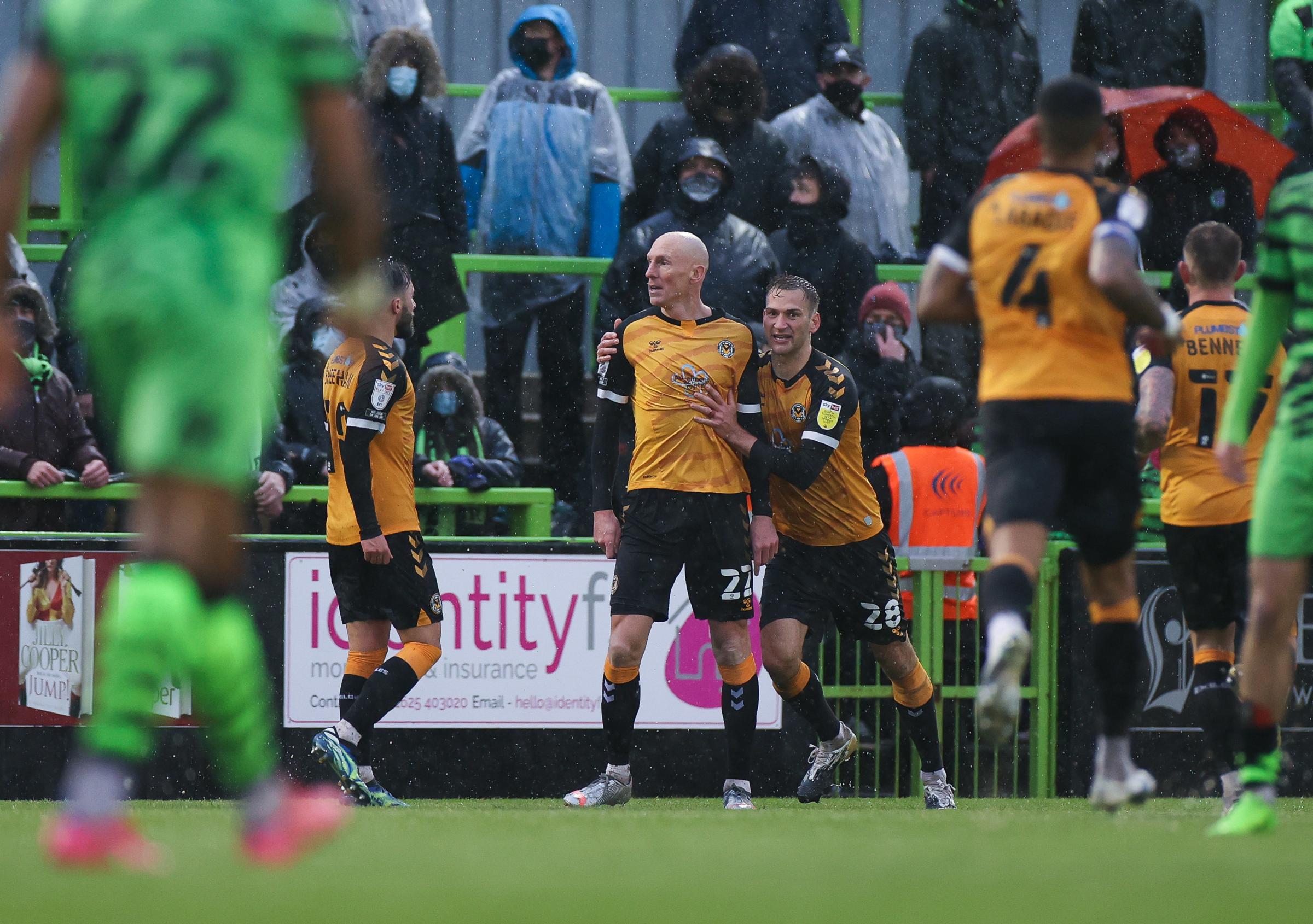 23.05.21 - Forest Green Rovers v Newport County - SkyBet League Two Play off Semi-Final, Second Leg - Kevin Ellison of Newport County wheels away to celebrate with team mates after scoring goal