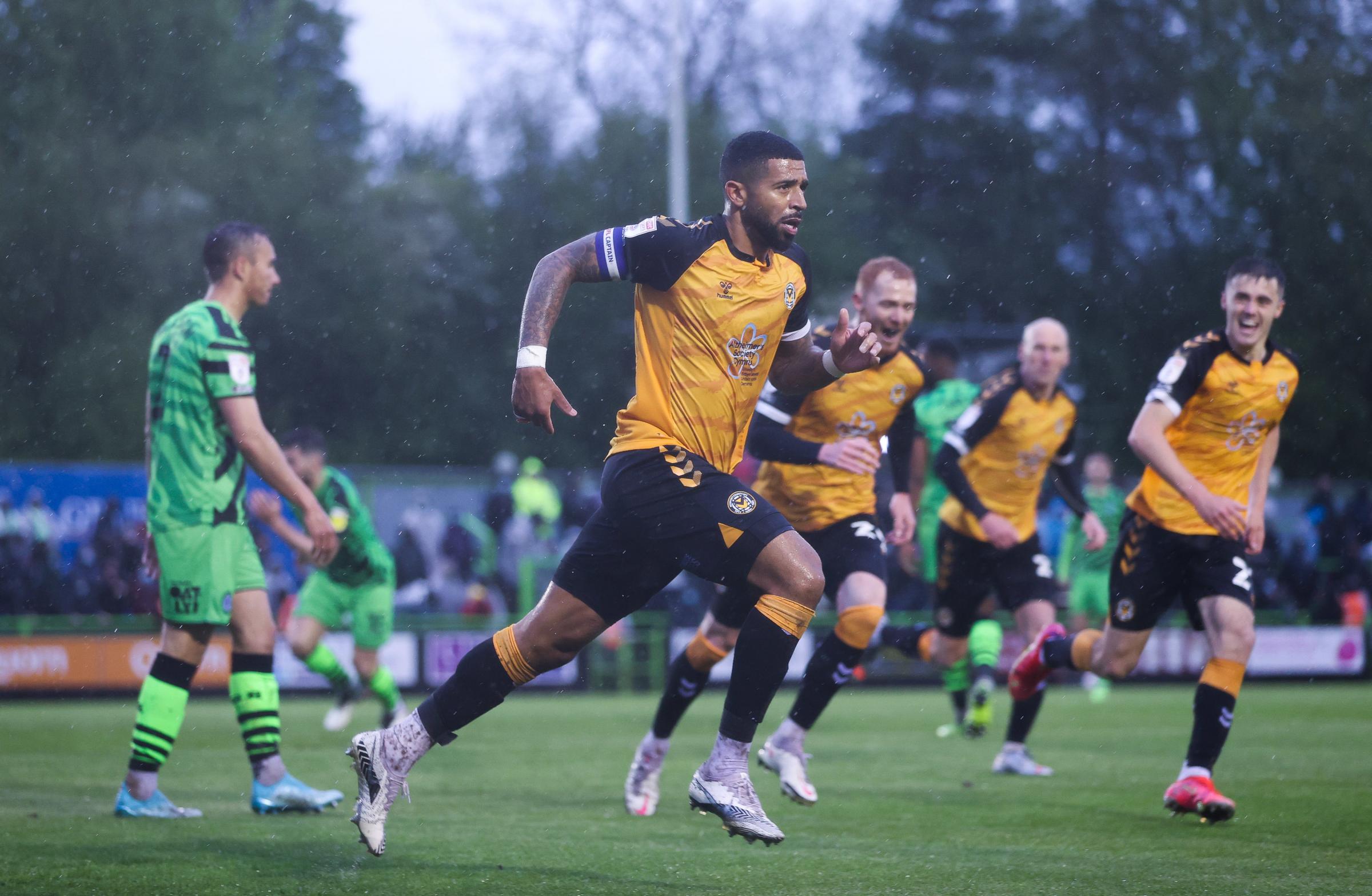 23.05.21 - Forest Green Rovers v Newport County - SkyBet League Two Play off Semi-Final, Second Leg - Joss Labadie of Newport County wheels away to celebrate after scoring the second goal