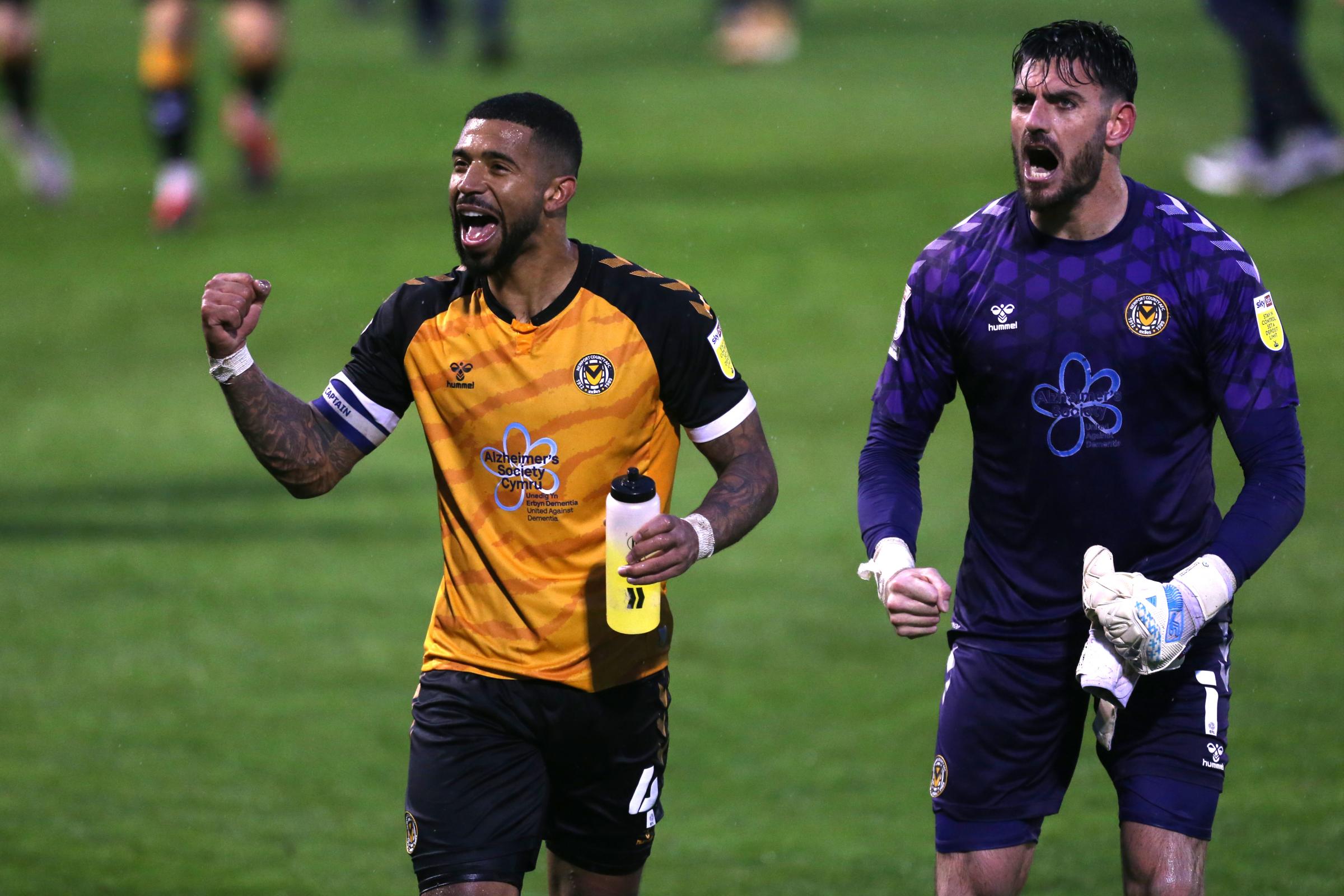 Newport Countys Joss Labadie (left) and Tom King celebrate after the Sky Bet League Two semi final, second leg match at The New Lawn Stadium, Nailsworth. Picture date: Sunday May 23, 2021.
