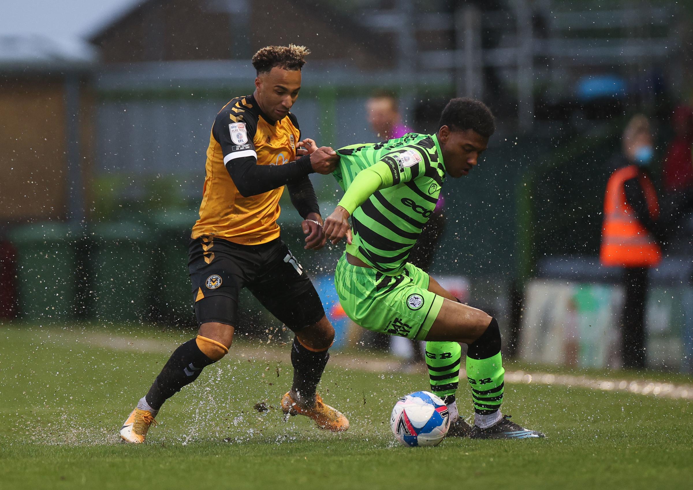 Nicky Maynard of Newport County takes on Jayden Richardson of Forest Green Rovers