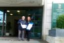 Kate Wickens, manager of the Fourteen Locks Canal centre with Richard Dommett, Kate Wickens and Richard Dommett. Chairman of the Monmouthshire, Brecon and Abergavenny Canals Trust, handing in the petition to Newport's civic centre.