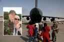 Sarah Adams and her son James Prosser (inset). Background image shows evacuations at Kabul Airport, Afghanistan. Picture (background): Ministry of Defence