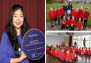 Fanzi Down presented with purple plaque at Trellech Primary School for her work in innovation