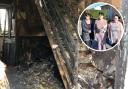 Maria Richards, Terrie Davies, and Christine Edwards (inset) and the aftermath of the fire at their mum's home. Main picture: Maria Richards.