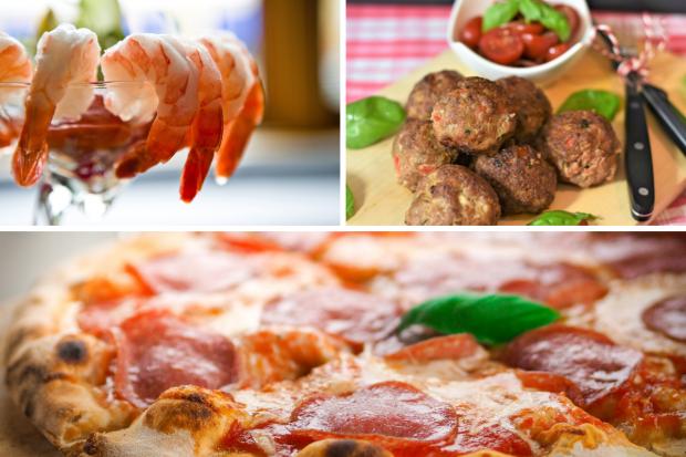Free Press Series: (Top left clockwise) Prawn cocktail, Meatballs, Pizza. Credit: PA/Canva