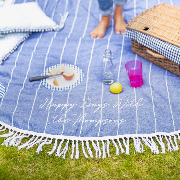 Free Press Series: Personalised Round Blue Picnic Or Beach Blanket. Credit: Not On The High Street