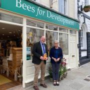 Peter Fox MS and Nicola Bradbear outside the charity’s shop in Monmouth