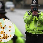 File photo of police officer with mobile speed camera. Inset: locations of some of Gwent's speed cameras mapped out. Picture: GoSafe Wales