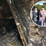 Maria Richards, Terrie Davies, and Christine Edwards (inset) and the aftermath of the fire at their mum's home. Main picture: Maria Richards.