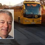 Children are spending too long on buses, such as this one serving Ysgol  Gwent Is Coed, to access Welsh medium education says Cllr Tudor Thomas inset.