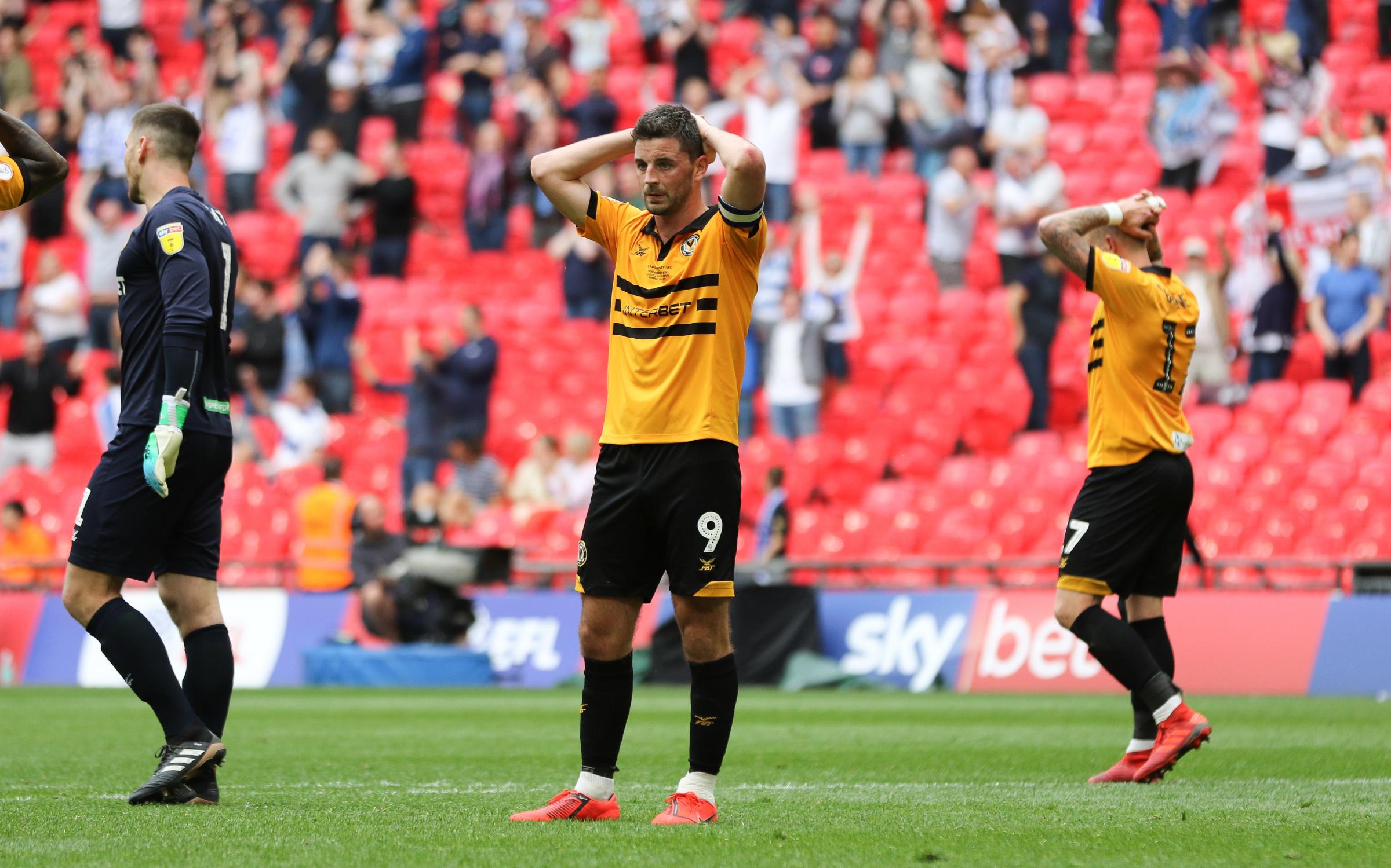 25.05.19 - Newport County v Tranmere Rovers, Sky Bet League 2 Play-Off Final - Padraig Amond of Newport County reacts on the final whistle as his team lose to Tranmere Rovers in the League 2 Play Off Final.